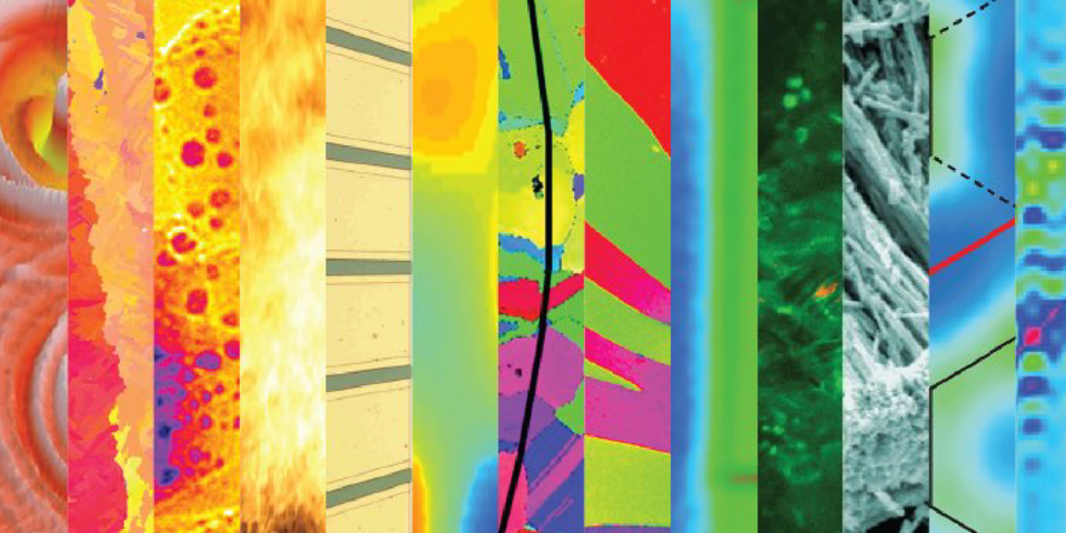 13 long and skinny vertical stripes with patterns from different Science as Art images going from red to yellow to green to blue