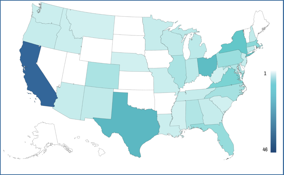 Map of the United States depicting which states have MfgTech partners.