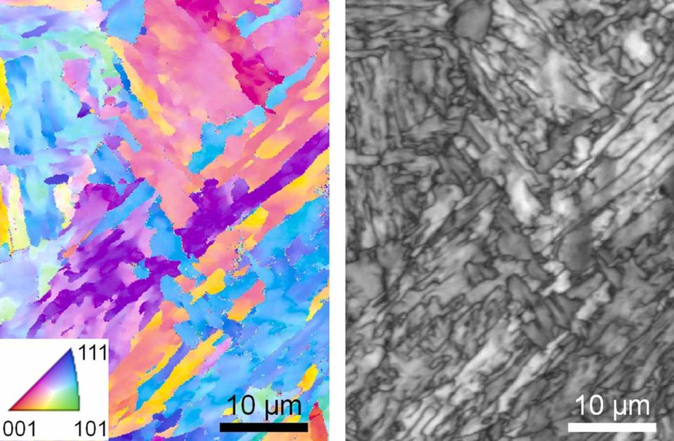 Side-by-side micrographs show elongated grains inside 3D-printed stainless steel.