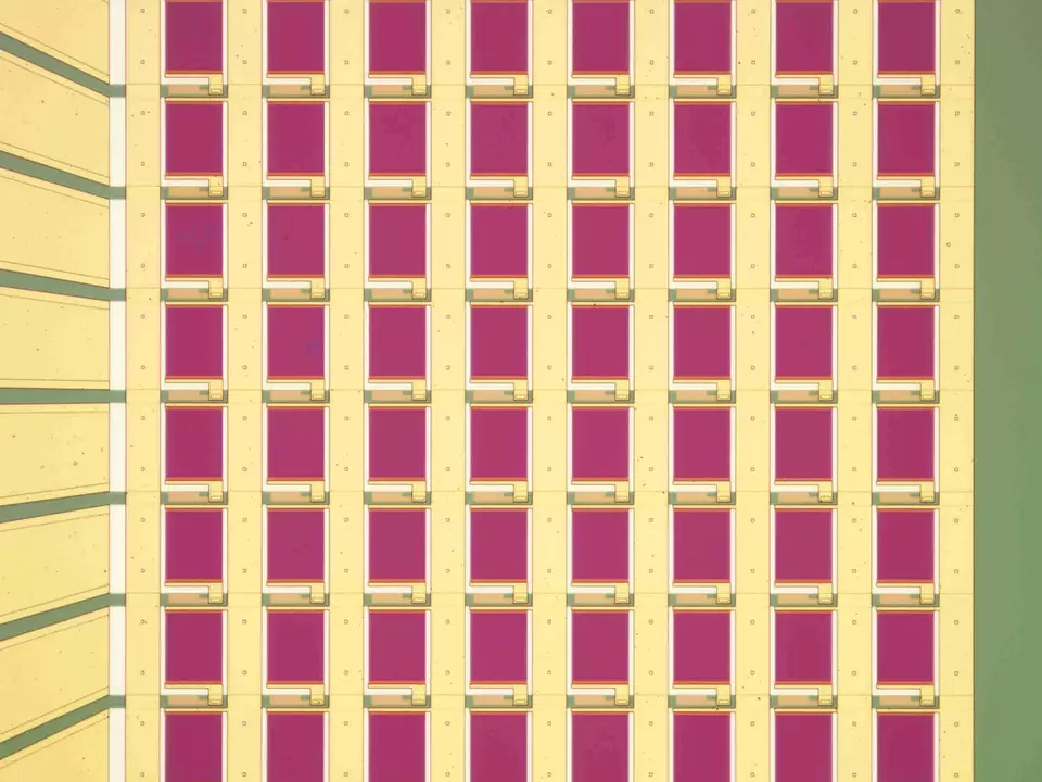 Sensor chip is a yellow grid with pink squares and green along the edges.