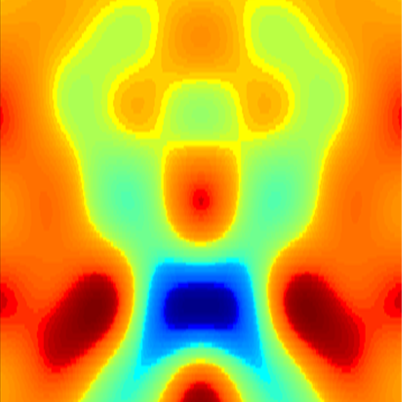 Blurry, colorful microscope image looks like a muscled man holding his arms up.