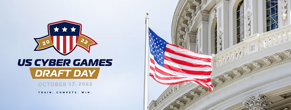US Cyber Games Draft Day title and dates with the US flag and federal building in the background
