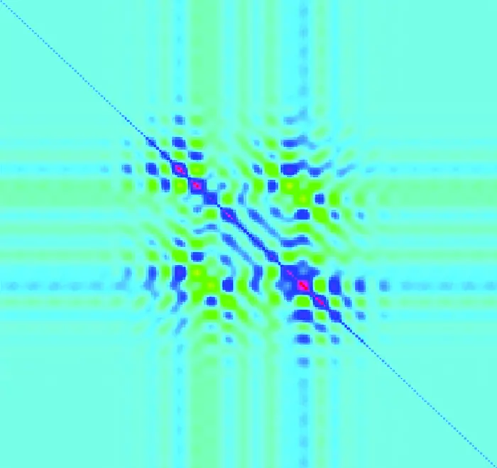 Dotted lines of blue and green on turquoise form a cross with an additional diagonal line from the upper left to lower right. 