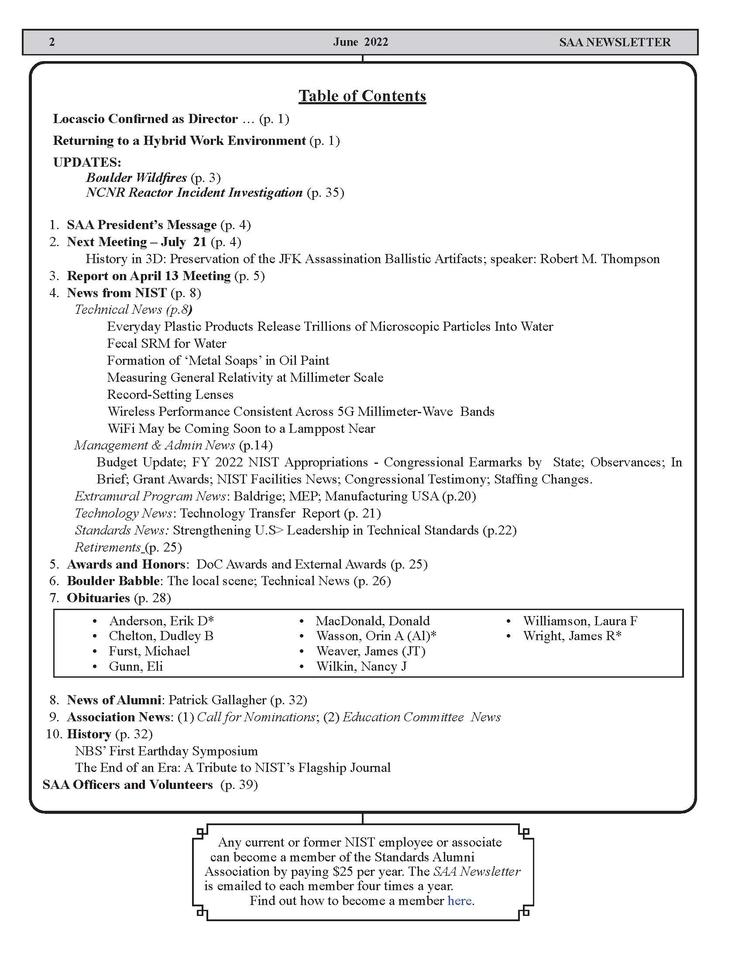 Image of the Table of Contents to the SAA Newsletter June 2022 issue