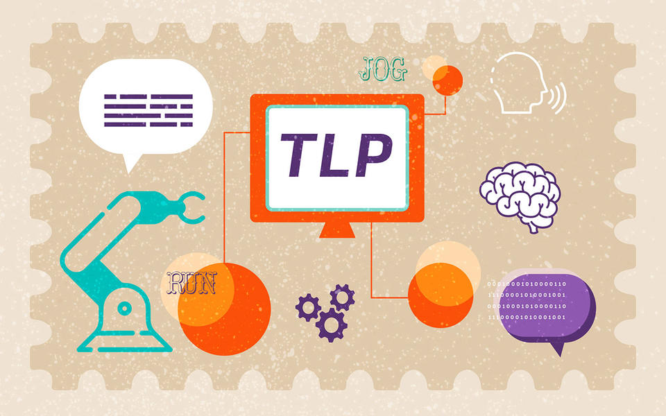 Illustration has "TLP" on a computer screen linked to a robot arm, a human brain, gears and other symbols. 