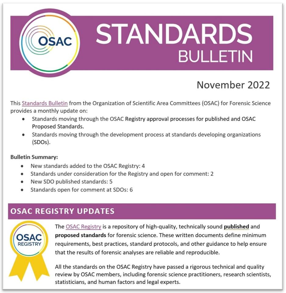 Cover of OSAC's November 2022 Standards Bulletin
