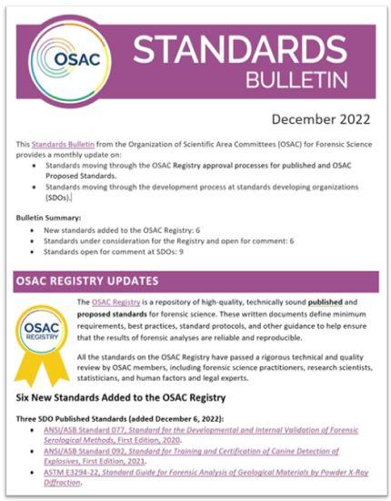 Cover of OSAC's December 2022 Standards Bulletin
