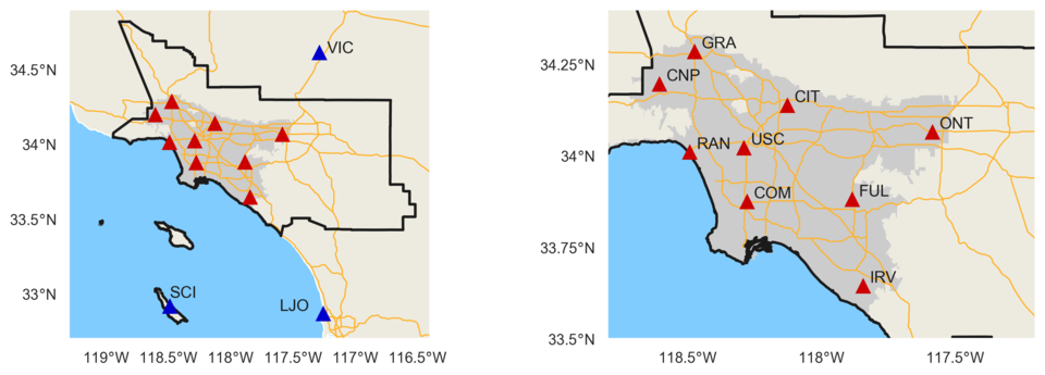 Two maps side-by-side of Los Angeles. The first on the left shows Catalina and San Clemente Island as well as La Jolla and Victorville. Blue and Red triangles dot the map. The map on the right shows only red triangles over a grey shaded Anaheim.   