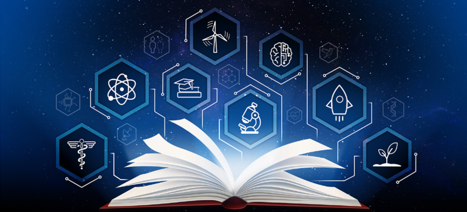 Year of Open Science logo showing scientific symbols above fluttering pages of a book