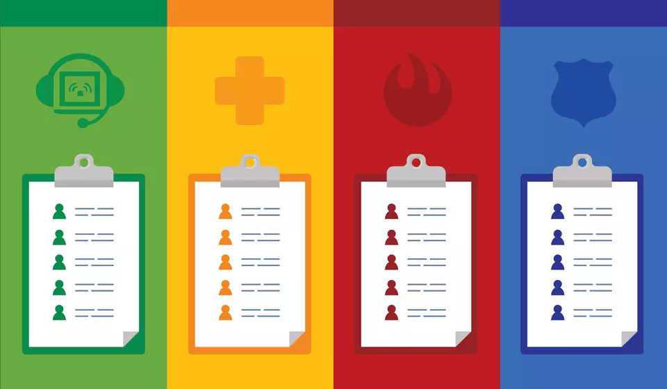 Four clipboards appear, each representing one of the four first responder communities: 911, EMT, fire, police.