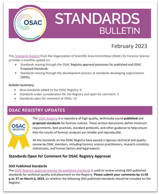 Cover of OSAC's February 2023 Standards Bulletin