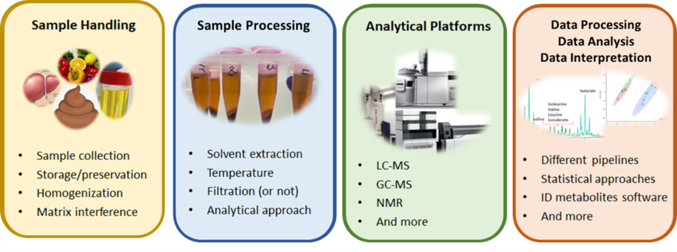 Figure showing four components of metabolomics with samples, processing, analysis, and data. 