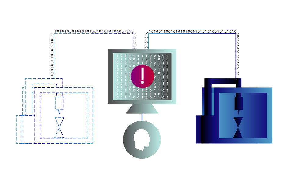 A graphic illustrates information flowing from both real and digital 3D printers on either side of a computer monitored by a person.