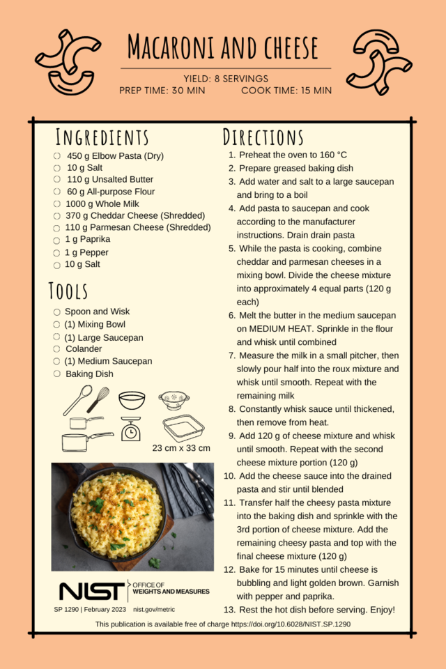 NIST SP 1290, NIST Metric Recipes, printable recipe card series are best when printed on cardstock. Companion resources are available on the NIST Metric Cooking website.