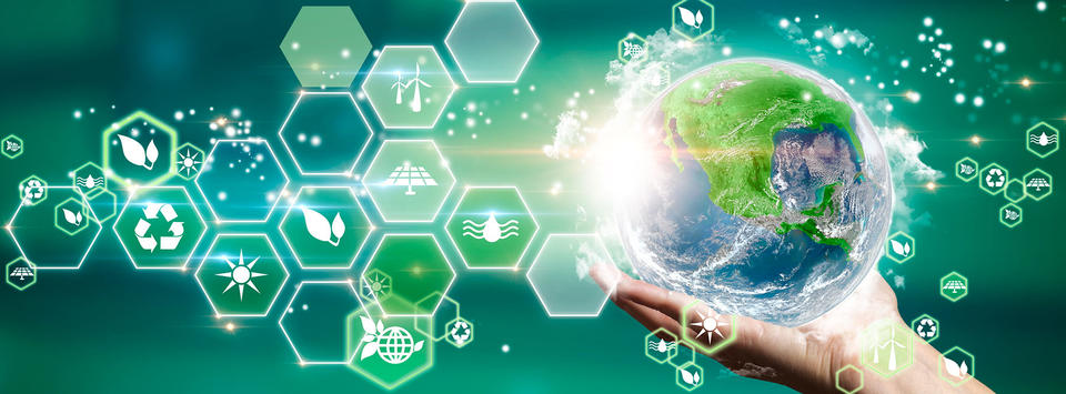 Photo illustration of earth in a person's hand with icons representing recycling, the environment, and alternative energy