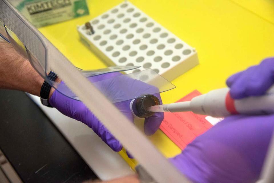 Hands in purple plastic gloves hold a bottle and syringe beneath a clear plastic barrier meant to keep chemicals contained.