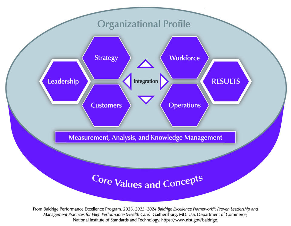 The Baldrige Criteria for Performance Excellence Overview consists of the six categories (Organizational Profile, Leadership, Strategy, Customers, Measurement, Analysis, and Knowledge Management, Workforce, Operations, and Results).