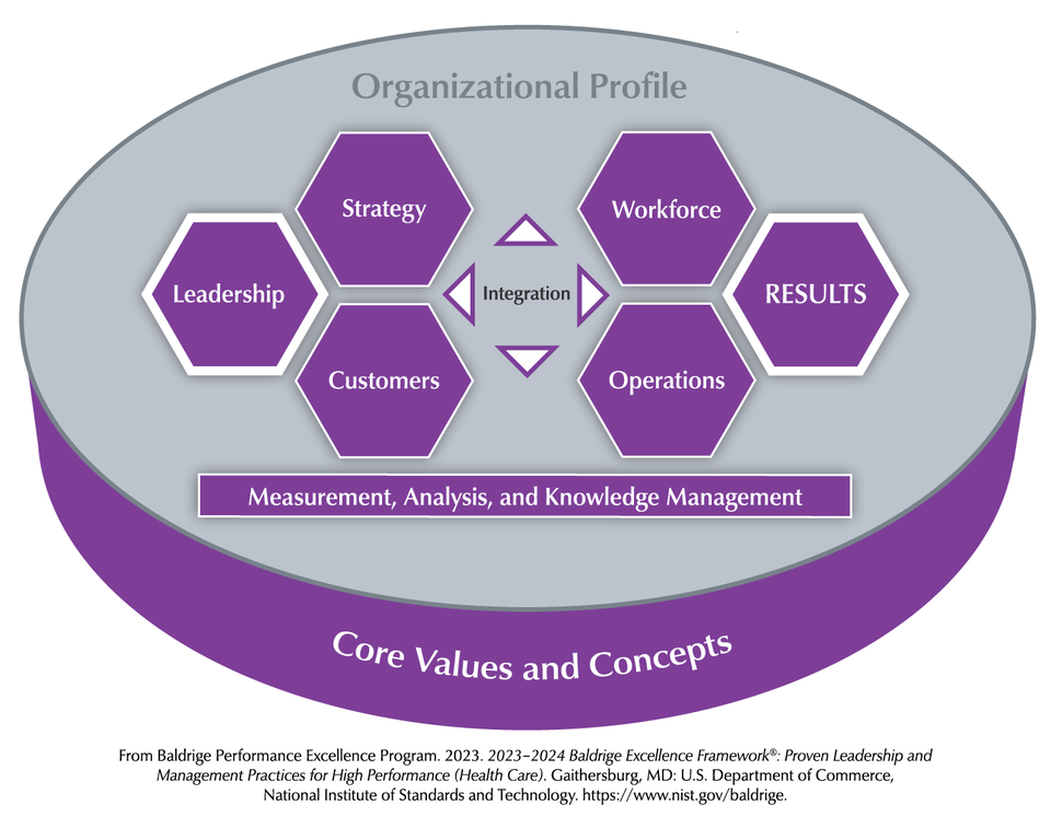 The Baldrige Criteria for Performance Excellence Overview consists of the six categories (Organizational Profile, Leadership, Strategy, Customers, Measurement, Analysis, and Knowledge Management, Workforce, Operations, and Results).