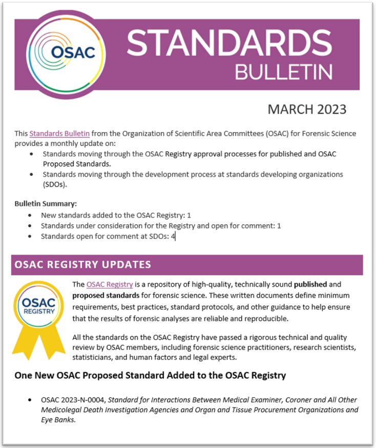 Cover of OSAC's March 2023 Standards Bulletin