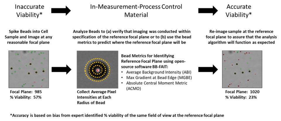 The use of control beads as an in-measurement-process control to verify or achieve imaging at a reference focal plane improves accuracy and reproducibility of trypan blue based cell viability assays.