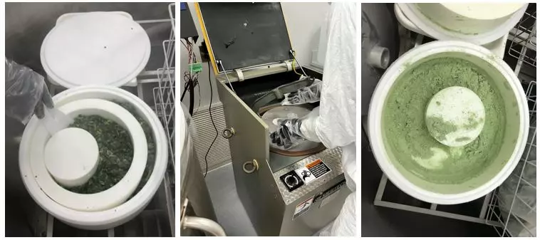 Three photographs showing a disk mill with sample, apparatus for agitating the disk mill, and the ground sample. 