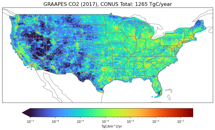 Map of the United States with dark blue on most of the western half indicating less CO2 than the eastern light green half 