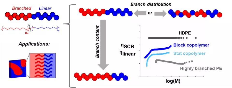 differences in dilute solution properties arise from polyolefin sequence control, as two copolymers, one blocky and one statistical, have different intrinsic viscosity across the molar mass distribution when the branch content of the two is equivalent