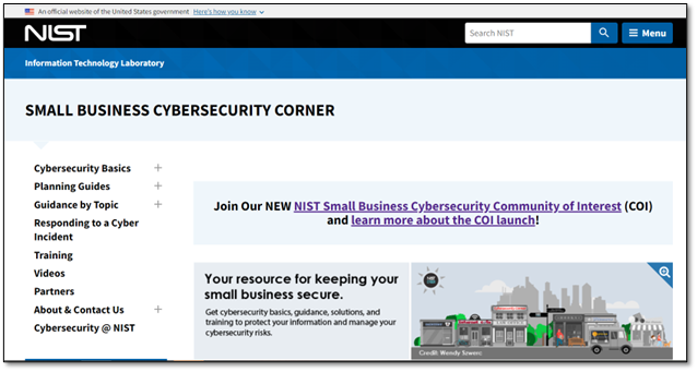 Screenshot from the NIST Small Business Cybersecurity Corner