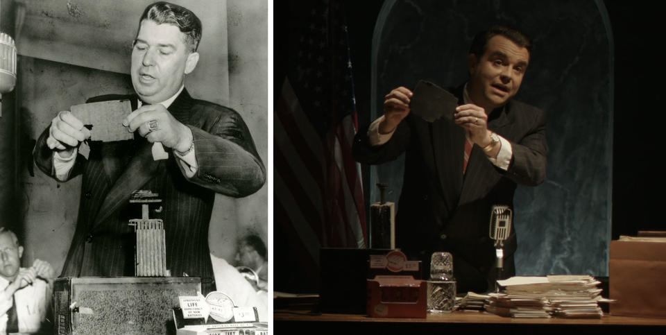 Left: Black and white of a man showing off a box of AD-X2. Right: Re-enactment of the scene