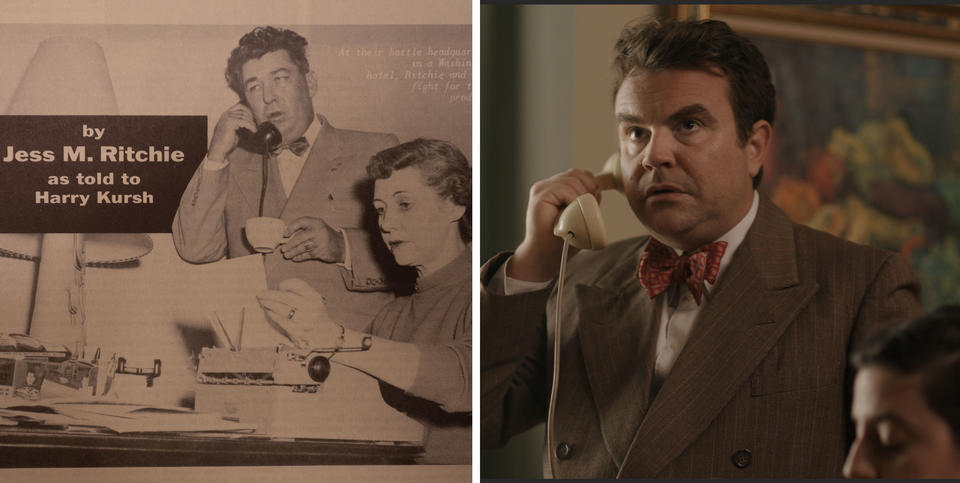 Left: Black and white photo in a publication of Jess Ritchie on the phone while his wife sits at a typewriter. Right: Re-enactment of the same scene