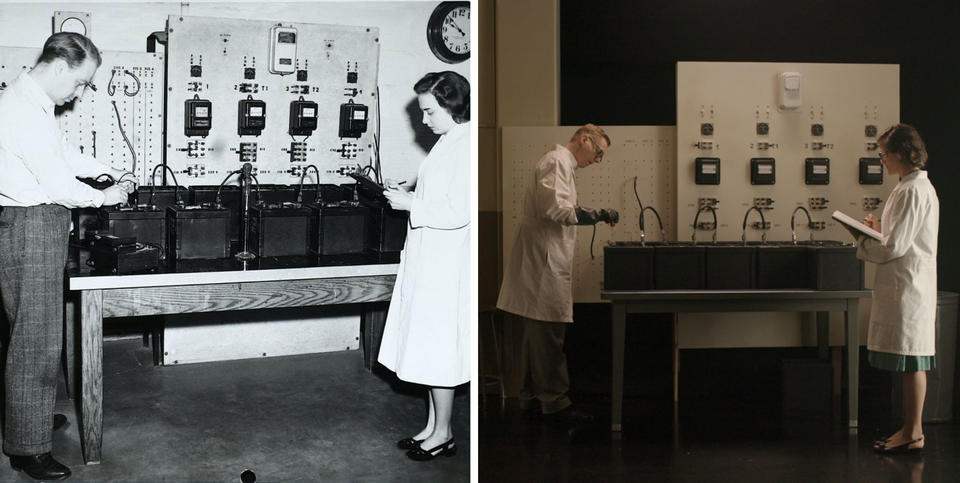 Left: Black and white photo of a lab. Right: recreation of scene on left