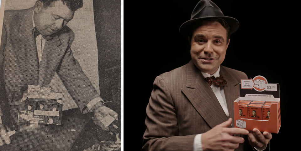 Left: Black and white of a man showing off boxes of AD-X2. Right: Re-enactment