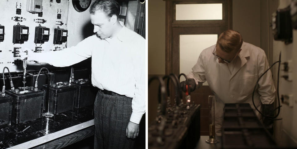 Left: black and white photo of an NBS scientist doing a battery test. Right: Re-enactment of same scene