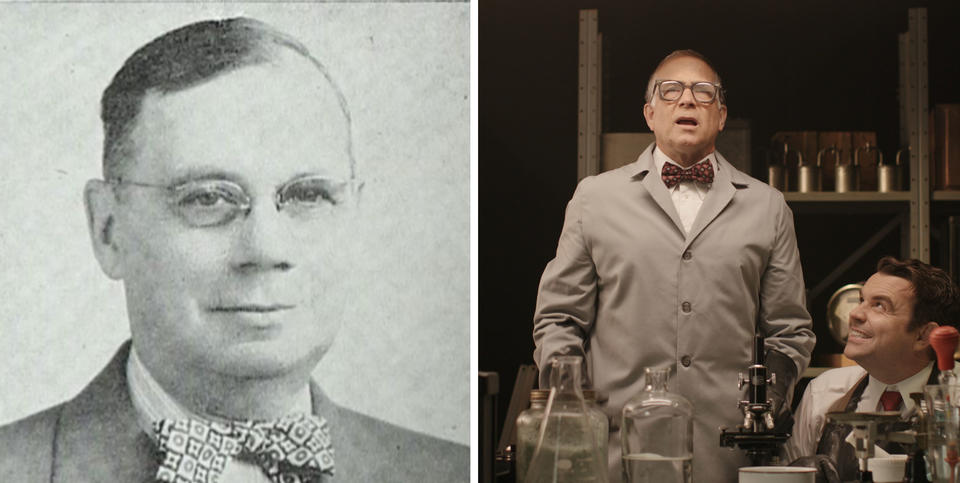 Left: black and white headshot. Right: Man standing up while another man looks up at him