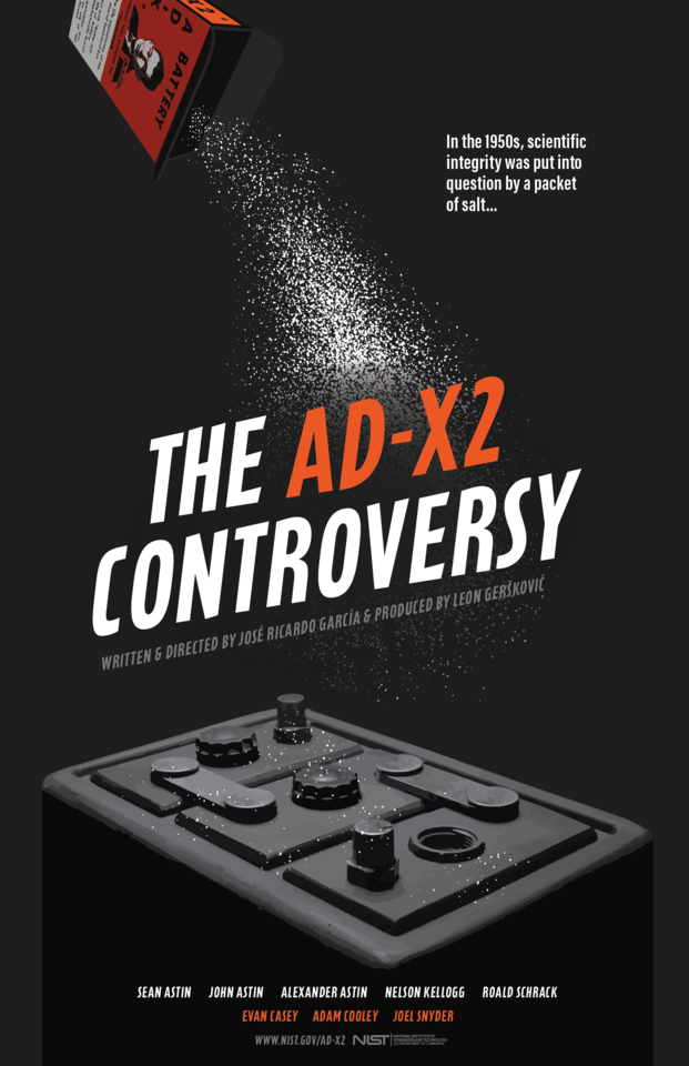 Red box at the top spilling out salt. Headline: The AD-X2 Controversy. Under head: car battery. List of producers, actors and interviewees, which can be found on Cast & Crew page of the site