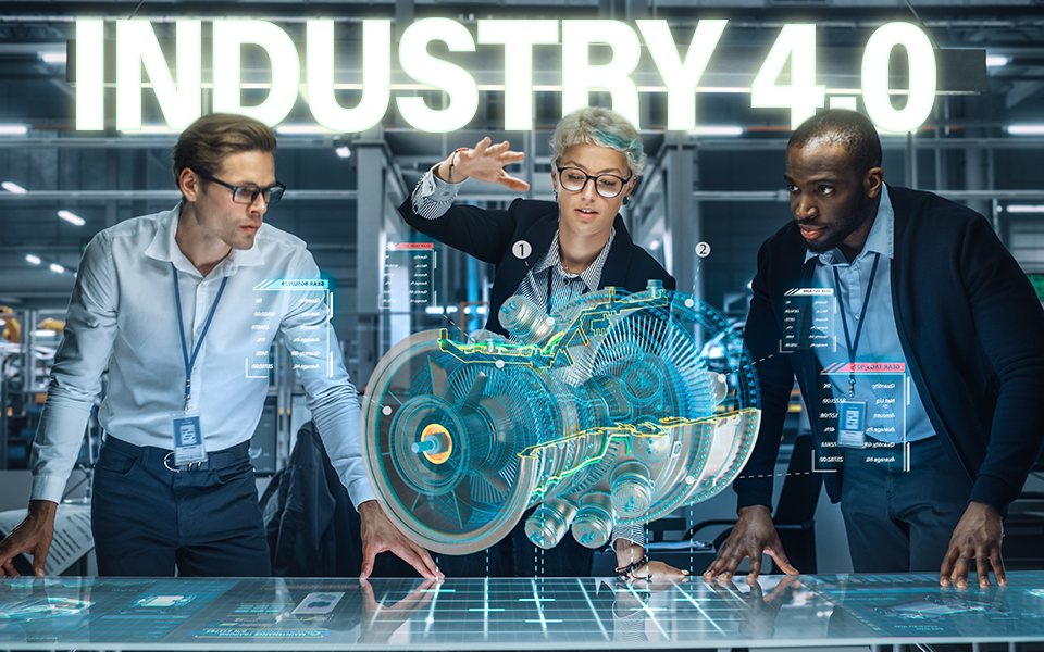 Industry 4.0 showing diverse team of engineers working on a jet engine halogram.