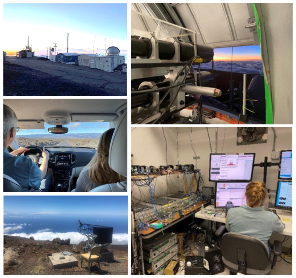 Collage of five photos shows scientific equipment at several sites in Hawai‘i and researchers traveling between sites.