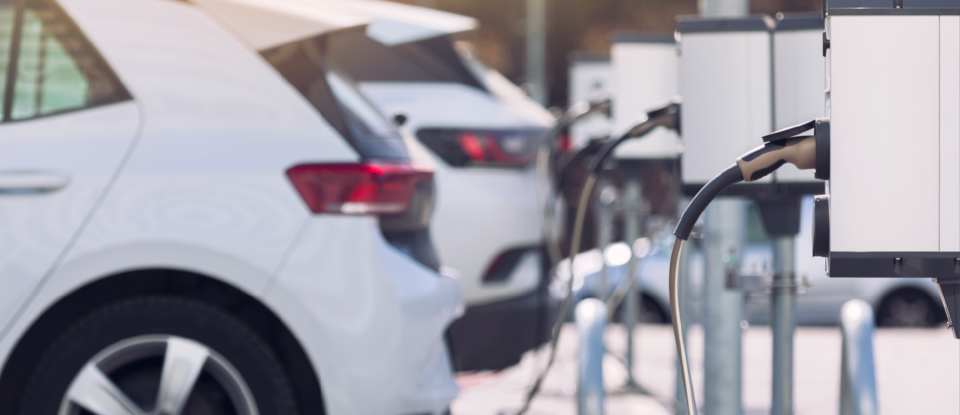 Charging stations for electric cars at a parking lot