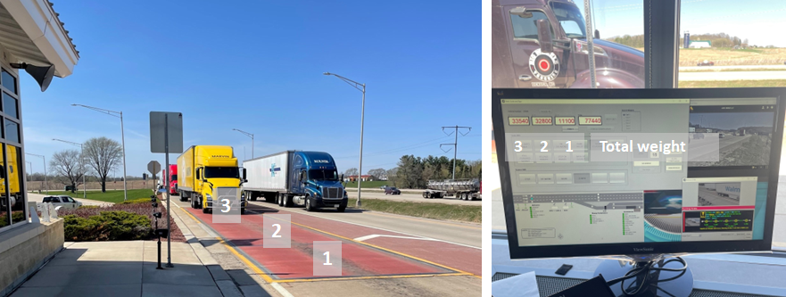 A truck entering the static reference scale (with a view of the display screen for the reference scale.