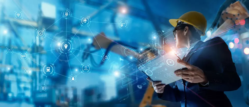 Businessman holding virtual interface panel of global logistics network distribution and transportation with robotics process automation
