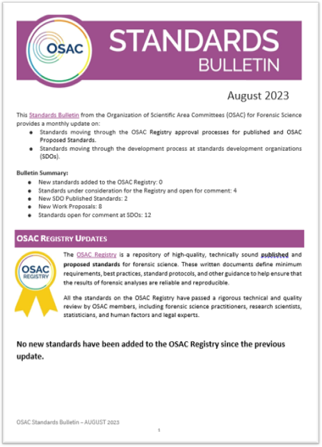 OSAC Standards Bulletin Cover - August 2023