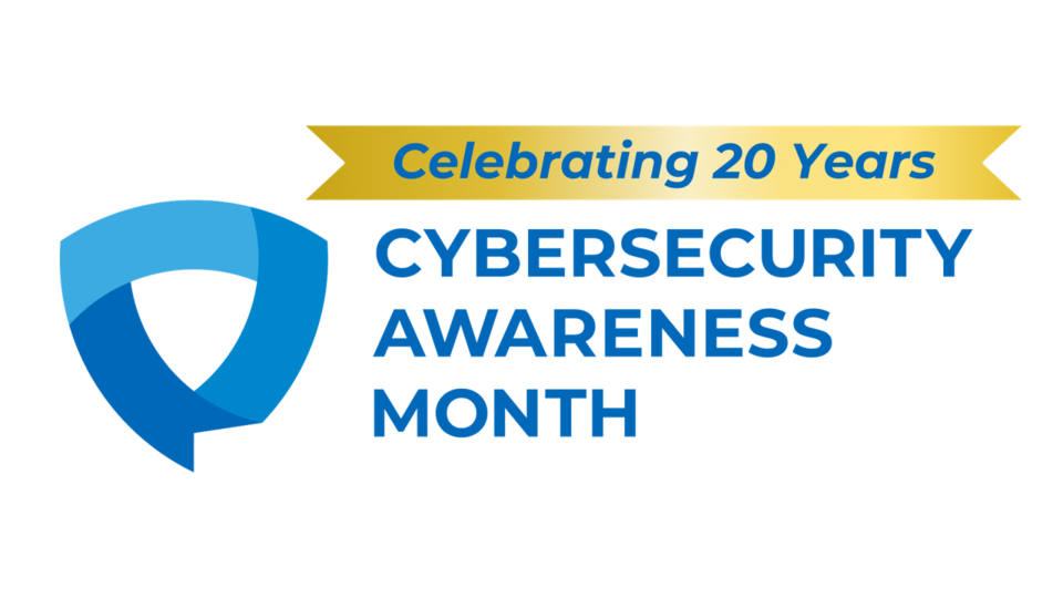 Abstract image of a shield with a gold banner at the top saying 'celebrating 20 years' and blue text below saying 'cybersecurity awareness month'