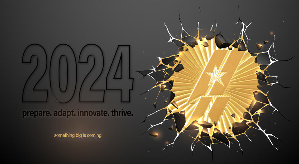2024 prepare. adapt. innovate. thrive. Something big is coming showing the award medallion breaking through the background.
