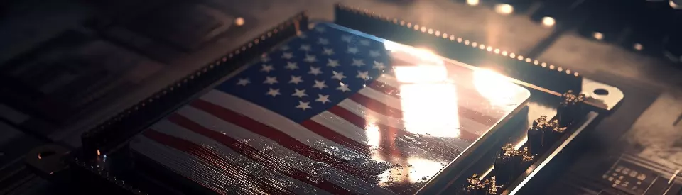 Photo of semiconductor with United States flag overlaid over the semiconductor.