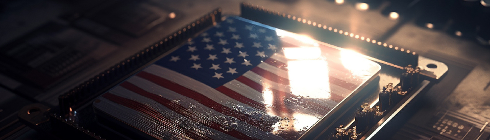Photo of semiconductor with United States flag overlaid over the semiconductor.
