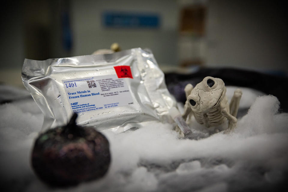 A metallic envelope with a NIST label is nestled alongside Halloween decorations like an animal skeleton and a sparkly pumpkin. 