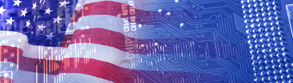 A collage of the American flag and a circuit board