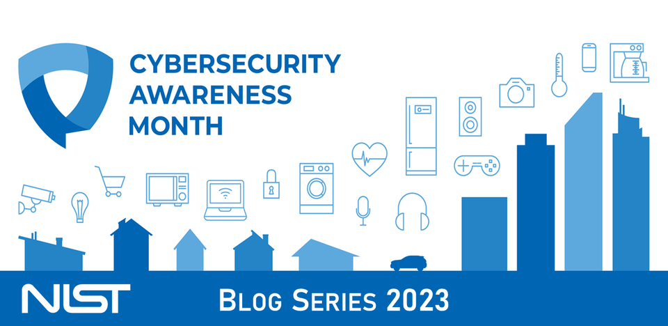 Banner with a cityscape and pictures of cybersecurity-related imagery