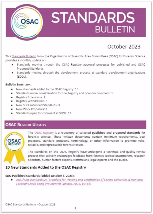 OSAC Standards Bulletin Cover - October 2023