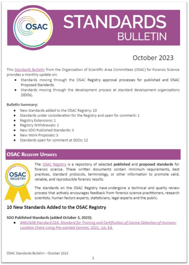 OSAC Standards Bulletin Cover - October 2023